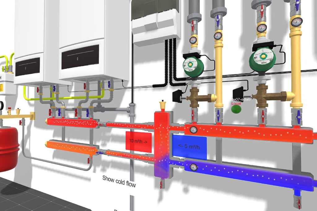 VR-Ausbildung Handwerk: Visualisierung von Wärmeströmungen in einer Heizungsanlage durch ein Partikelsystem in der VR-Ausbildung Handwerk.
