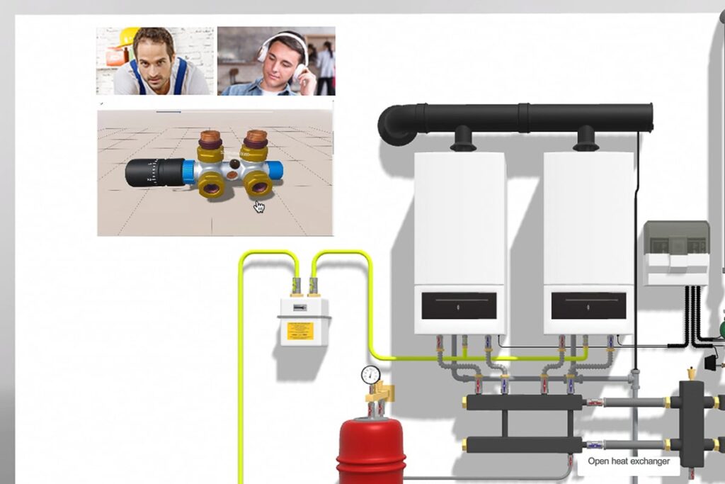 VR-Ausbildung Handwerk: Ein Ausbilder gibt über eine Video-Konferenz Anweisungen an einen Azubi in der virtuellen Umgebung.