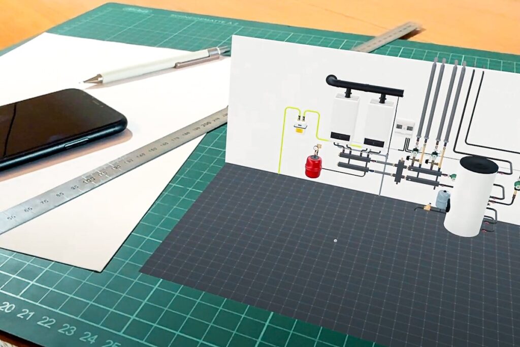VR-Ausbildung Handwerk: virtuelle Heizungsanlage wird als AR-Modell in einen realen Raum projiziert.