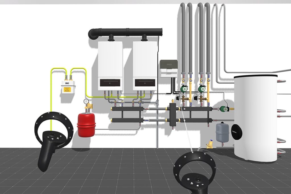 VR-Mitarbeiterschulung: Nutzer interagiert mit virtueller Heizungsanlage im WebXR-Ausbildungsraum