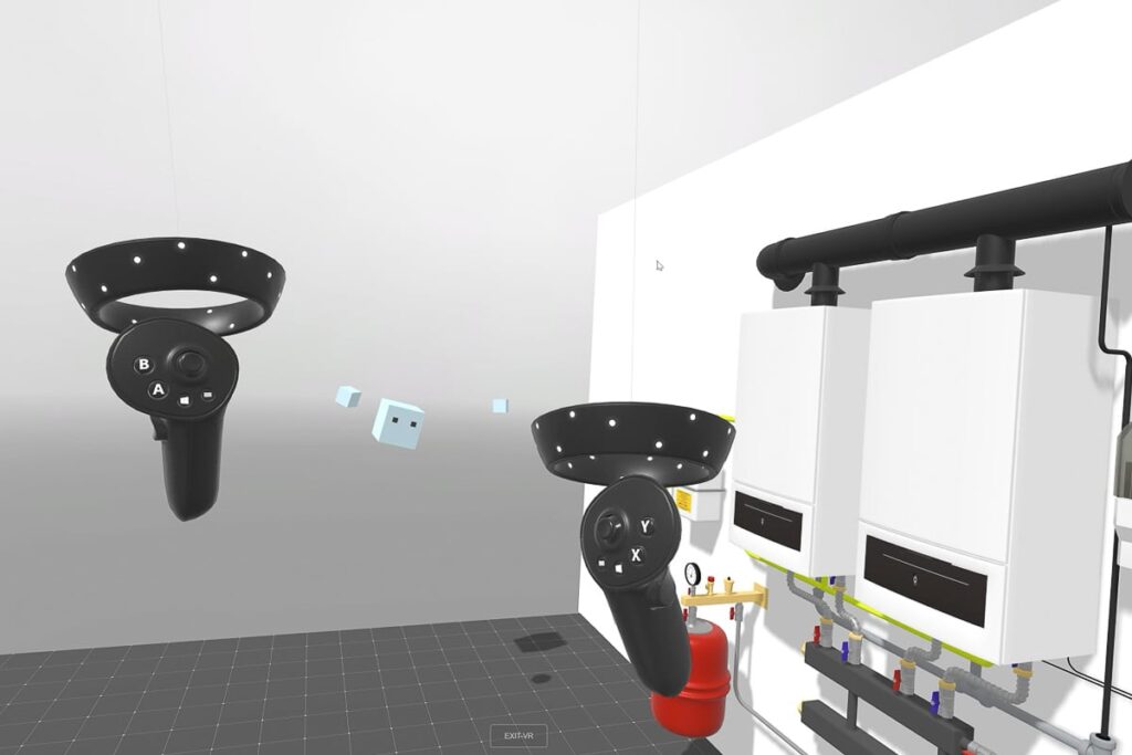 Zwei Teamkollegen sind jeweils als Avatare in einem virtuellen Heizungsraum zu sehen.