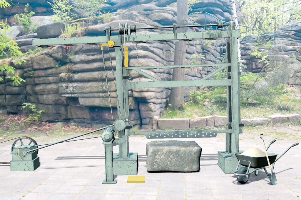 Das AR Museum "AR Maschinen" zeigt eine vertikale Steinsäge als AR-Exponat in einem AR Museum