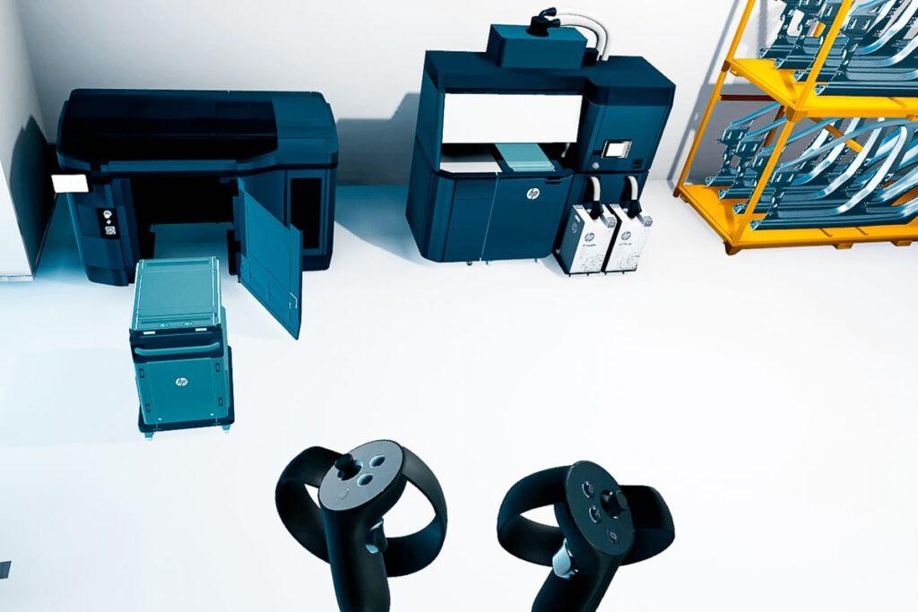 Virtueller VR-Trainingsraum einer Autowerkstatt zum Tuning von Autos mit 3D-gedruckten Fahrzeugteilen