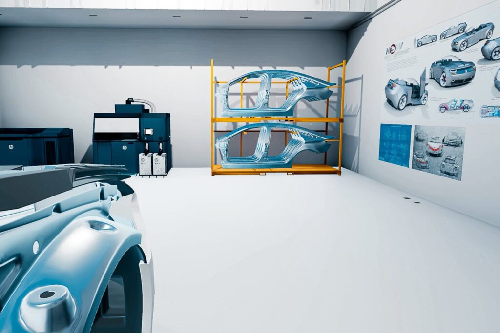 Virtueller VR-Trainingsraum einer Autowerkstatt zum Tuning von Autos mit 3D-gedruckten Fahrzeugteilen