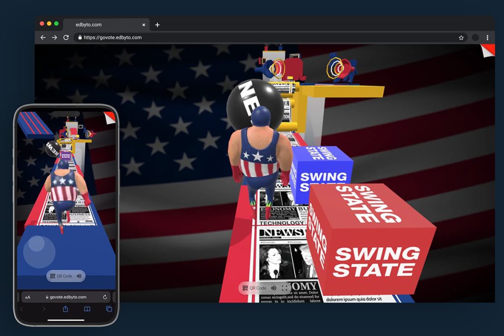 WebXR-Gamification-Spiel auf Smartphone und Desktop-Browser parallel dargestellt zur plattformübergreifenden Nutzung