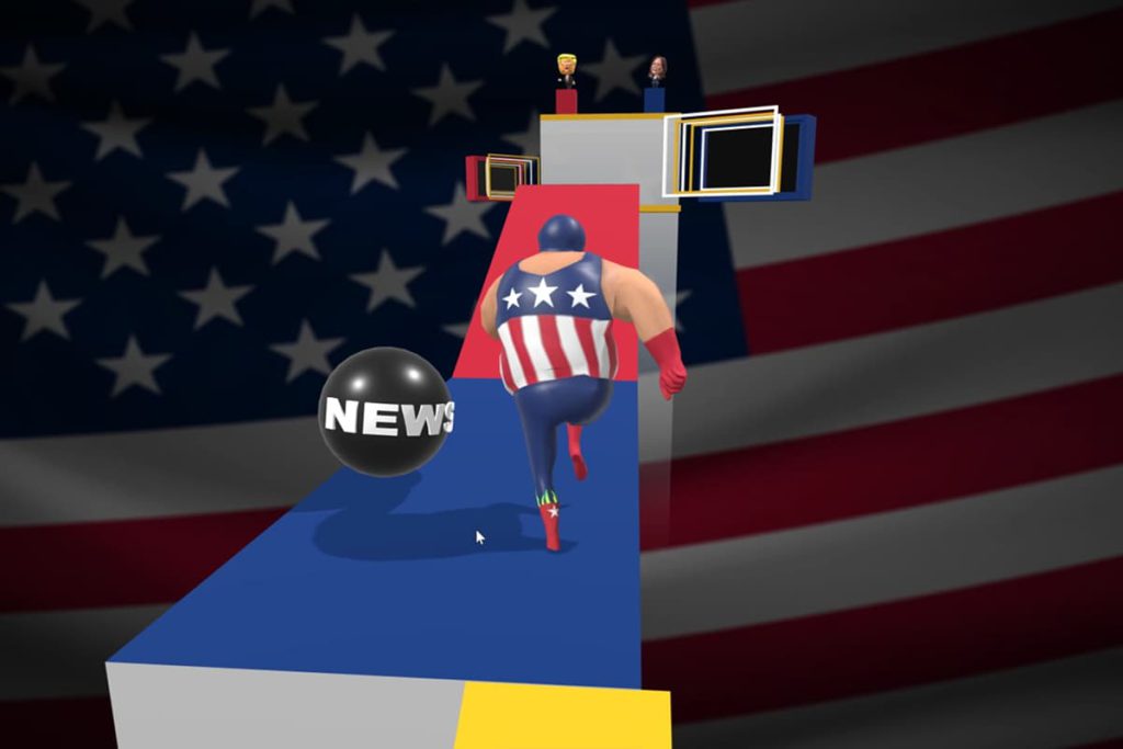 Captain Vote weicht einem schwarzen News-Ball auf dem Spielparcours aus, gefährliche Szene im Gamification-WebXR-Spiel