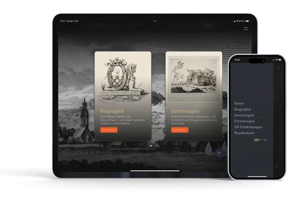 Tourismus App: Tablet und Smartphone mit verschiedenen Einstiegsmöglichkeiten in die Inhalte