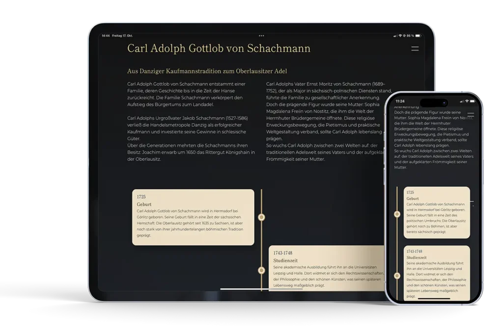 Tablet und Smartphone zeigen die interaktive Schachmann-Biographie in einer Tourismus App