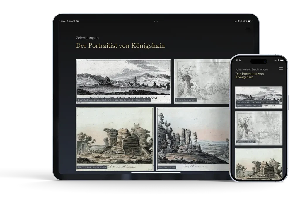 Tablet und Smartphone zeigen die interaktive Galerie von Schachmann-Zeichnungen in der Tourismus App