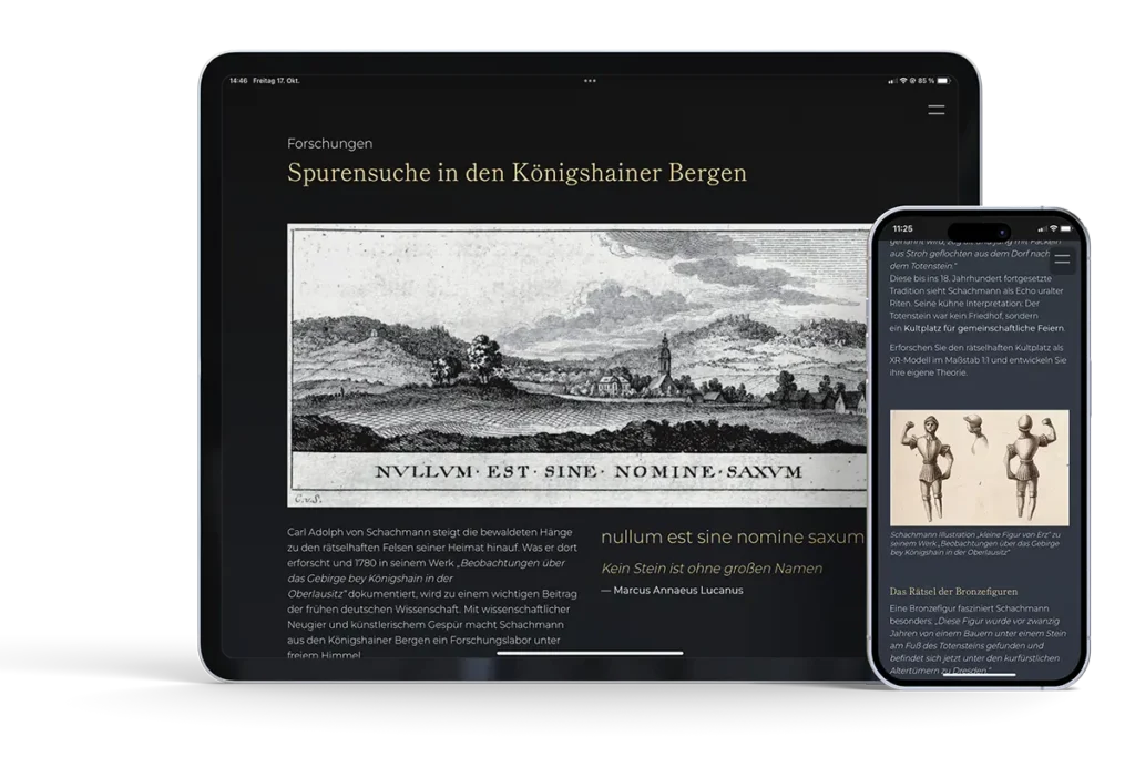 Tablet und Smartphone zeigen die Rubrik „Schachmann Forschungen“ in der Tourismus App